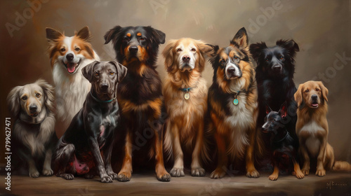 A diverse group of dog breeds, including fawncolored companion dogs, with their snouts and tails wagging, sit together in a row at a sporting event showcasing canine art