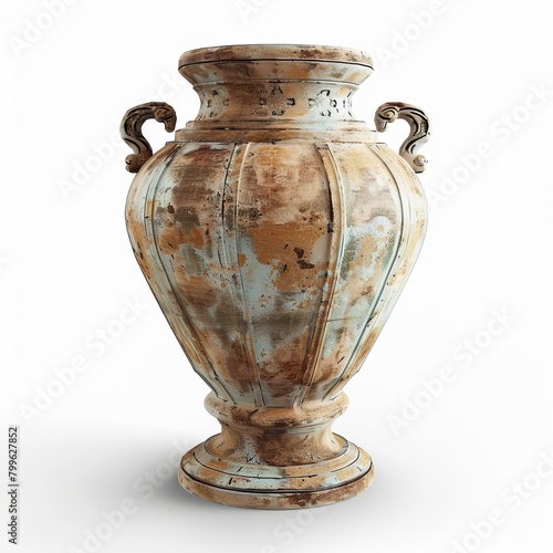 3D Render of a vintage-inspired clay vase with an antique patina and distressed finish, on isolated white background, Generative AI