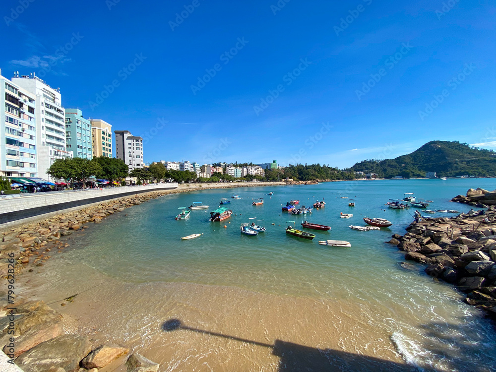 Sunny Day at the Coastal Town with Boats Anchored, Stanley, Hong Kong