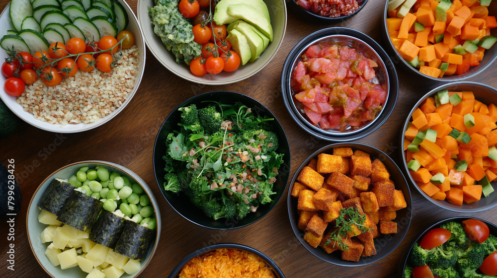 A table decorated with bowls of various natural foods, ingredients, and garnishes representing different cuisines, recipes, and food groups