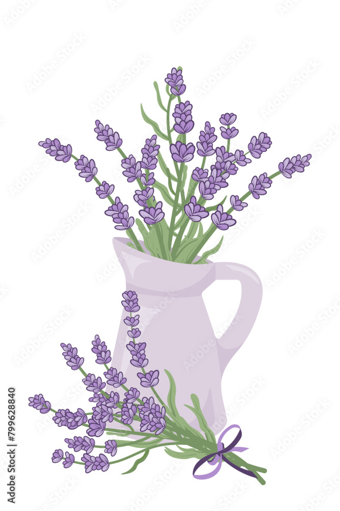 Fototapeta premium Hand painted bouquet of blooming lavender in purple jug and lavender bouquet with purple ribbon.Contemporary abstract painting. Template for social media and design cards, invitations, covers. Vector