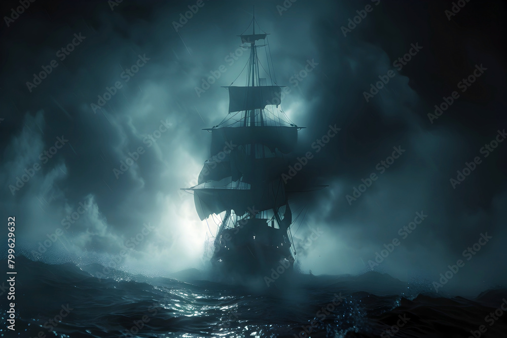 Fototapeta premium The Cursed Tempest:A Shadow Buccaneer's Ghostly Voyage through the Stormy Midnight Seas
