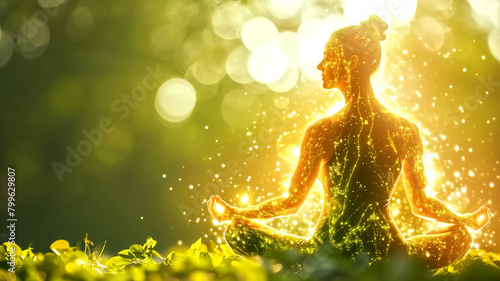 Digital art of a woman in meditation pose radiating with a golden glow, symbolizing peace and wellness in a natural setting. 