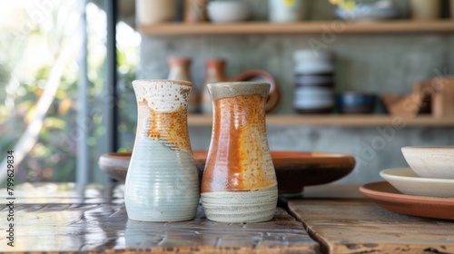 A set of handbuilt salt and pepper shakers each with a different texture and glazed in coordinating colors adding a playful and functional element to a dining table.. photo