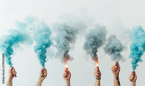 various hands carrying smoke flares, white backround 