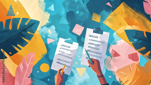 Colorful illustration of hands holding notes and pens against a backdrop of abstract shapes, symbolizing creative brainstorming and collaboration. 