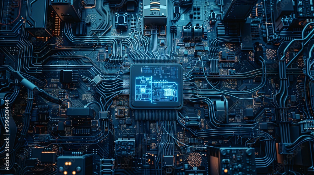 A close up of a computer circuit board with a glowing blue processor chip.