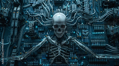 A circuit board with a skull and crossbones made of wires and cables photo