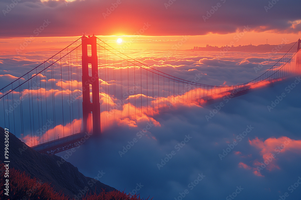 Fog flows through the Golden Gate at sunset