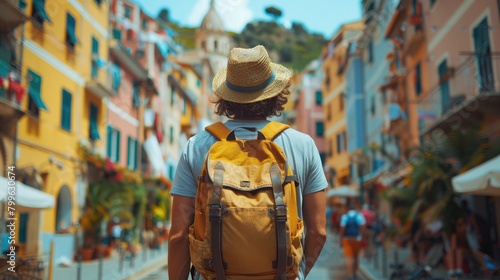 young man wearing hat and backpack enjoying summer vacation in popular touristic place. View from back. Wanderlust concept.
