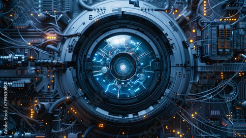 A glowing blue eye surrounded by a complex network of wires and machinery.