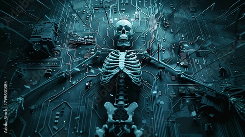 A skeleton lying on a srkitt bordd. The skeleton is wired into srkitt bordd.