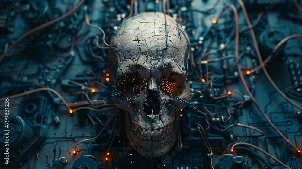 Fototapeta premium circuit board skull with glowing eyes