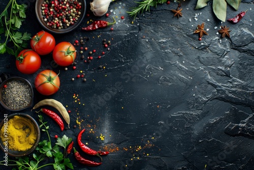 Black stone cooking background. Spices and vegetables. Top view. Free space for your text - generative ai