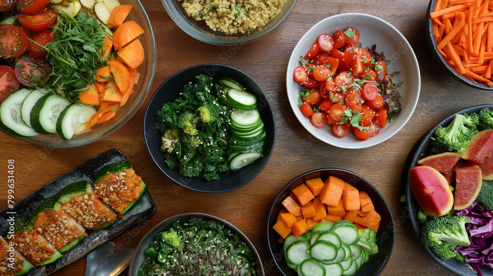 A table adorned with bowls of fresh vegetables and salads, showcasing a variety of colorful and nutritious ingredients for a wholesome meal