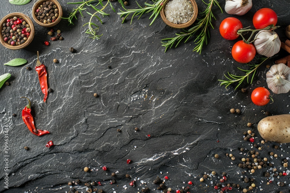 Black stone cooking background. Spices and vegetables. Top view. Free space for your text - generative ai Black stone cooking background. Spices and vegetables. Top view. Free space for your text - generative ai