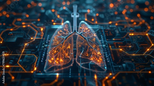 Circuit board with a glowing orange and blue image of the human lungs imposed on it. photo