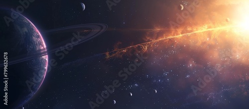 The majestic view of the planets and shining sun as seen from the vast expanse of outer space
