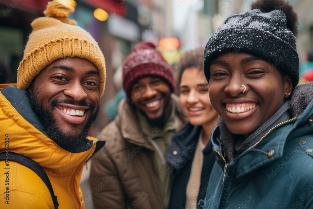 Group of friends walking down the street in New York, wearing warm clothes.