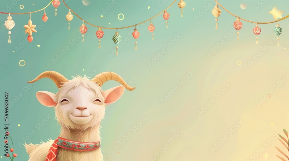 Fototapeta premium Illustration of a goat, the sacrificial animal of Muslims on the Eid al-Adha holiday, with an Islamic decorative ornamental background.