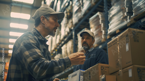 Professional men working together in a warehouse on logistics fulfillment and shipping history.