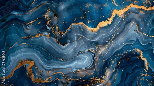Fluid abstract pattern with marble blue, white, and gold colors, suitable for luxurious background design.