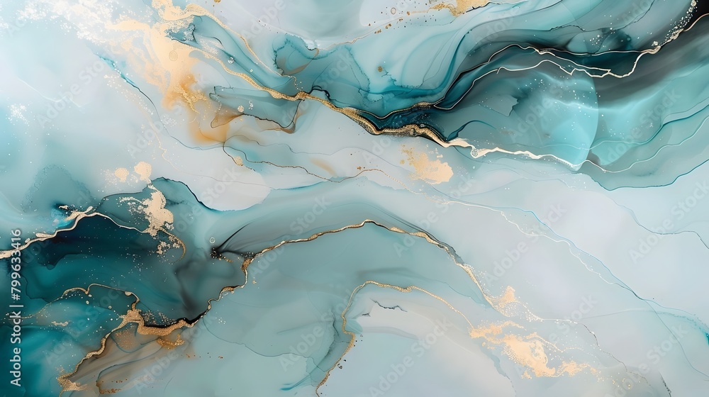 custom made wallpaper toronto digitalFluid abstract pattern with marble blue, white, and gold colors, suitable for luxurious background design.