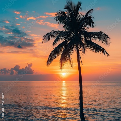 beautiful landscape of sea ocean with silhouette coconut palm tree at sunset or sunrise   Summer days in beach