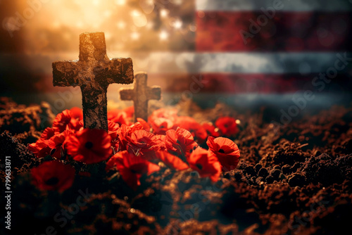 memorial day concept. A cross is in the middle of a field of red flowers. ai generative