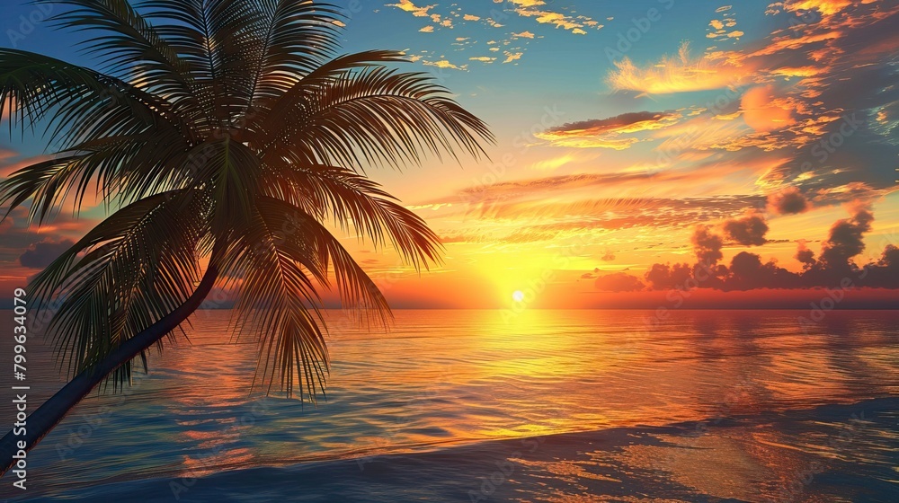 beautiful landscape of sea ocean with silhouette coconut palm tree at sunset or sunrise,  Summer days in beach