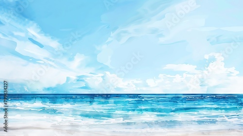 A minimalist watercolor painting of a summer beach scene  with a clear blue sky and gentle ocean waves  isolated on a white background
