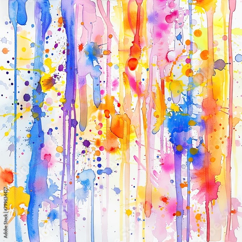 An abstract watercolor exploration of splattered droplets and streaks, random yet harmonious, vibrant against a white background