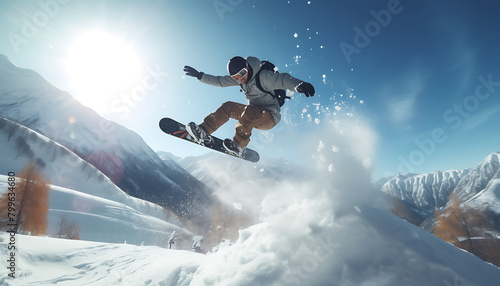 Snowboarder in mid-air against a vivid blue sky, performing a dynamic jump on a snowy mountain. Generative AI