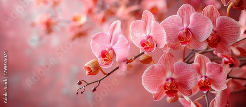 Blooming pink orchids are displayed in a vase against a soft pink background  creating a delicate and elegant aesthetic