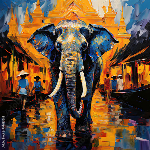a-painting places to travel at noon The temple is beautiful with a large elephant, the tradition of water transportation