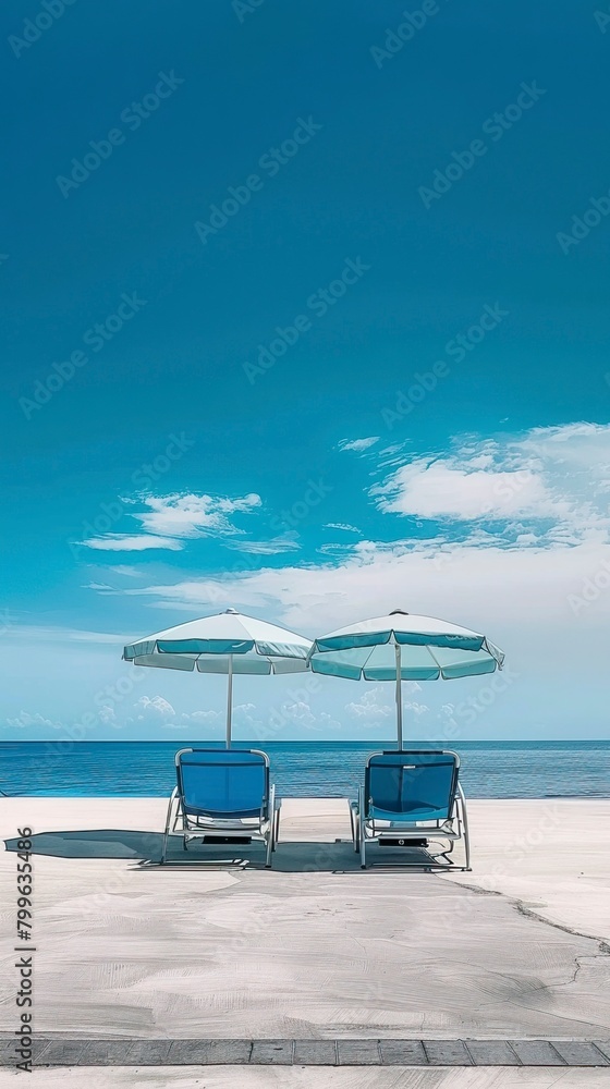 blue umbrella and sea facing chairs under Blue sky,  Summer days in beach