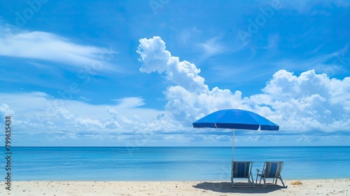 blue umbrella and sea facing chairs under Blue sky, Summer days in beach