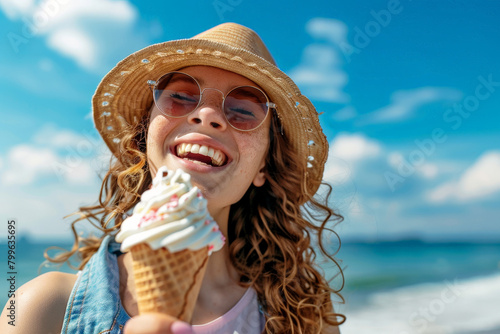 A woman is holding a cone of ice cream and smiling.ai generative