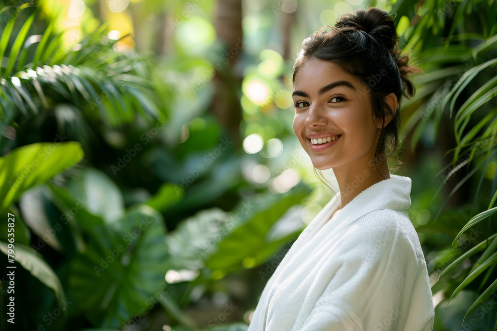 A woman is smiling in a forest with leaves and vines . facial treatment concept .ai generative A woman is smiling in a forest with leaves and vines . facial treatment concept .ai generative