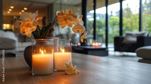 The sleek glassencased candles create a modern and sophisticated focal point in the interior design. 2d flat cartoon. photo