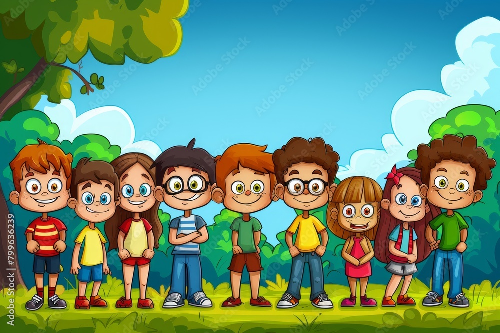 Group of happy kids in the park. Vector illustration of a cartoon