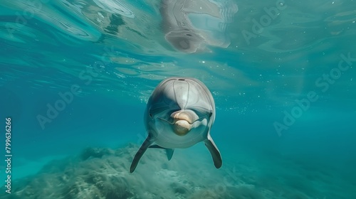 A detailed view of a dolphin swimming gracefully under the water, showcasing its sleek body and distinctive fin. The dolphins smooth movements create ripples in the clear blue water around it. © Justlight