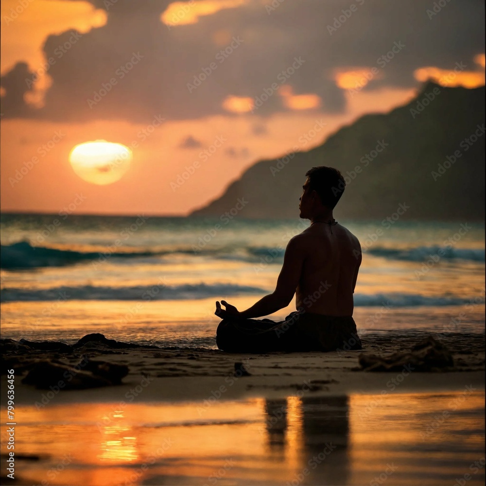 A man serene meditation session on the phuket beach at sunset, captured with a telephoto lens to emphasize the tranquility.