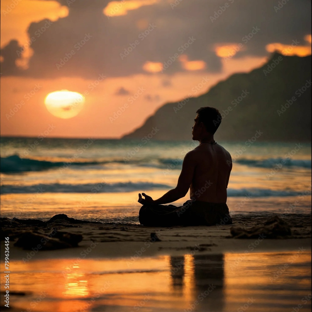 A man serene meditation session on the phuket beach at sunset, captured with a telephoto lens to emphasize the tranquility. A man serene meditation session on the phuket beach at sunset, captured with a telephoto lens to emphasize the tranquility.