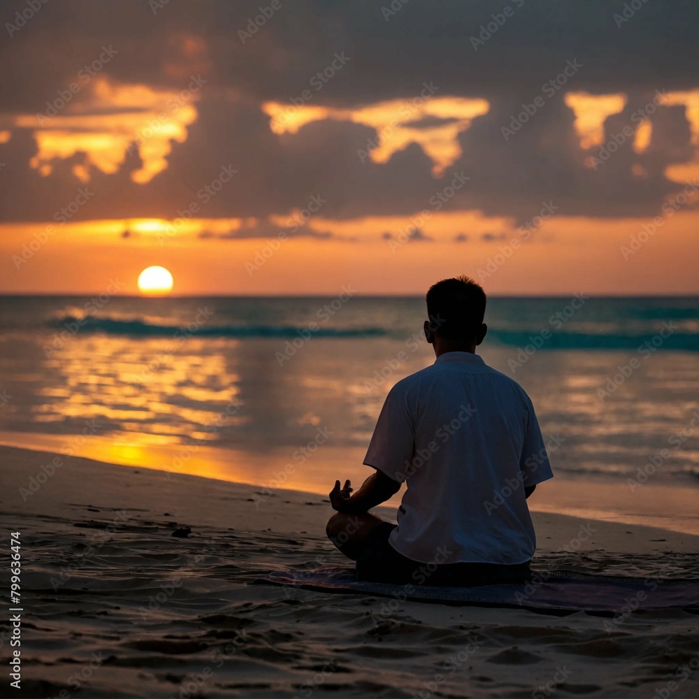 A man serene meditation session on the phuket beach at sunset, captured with a telephoto lens to emphasize the tranquility. A man serene meditation session on the phuket beach at sunset, captured with a telephoto lens to emphasize the tranquility.