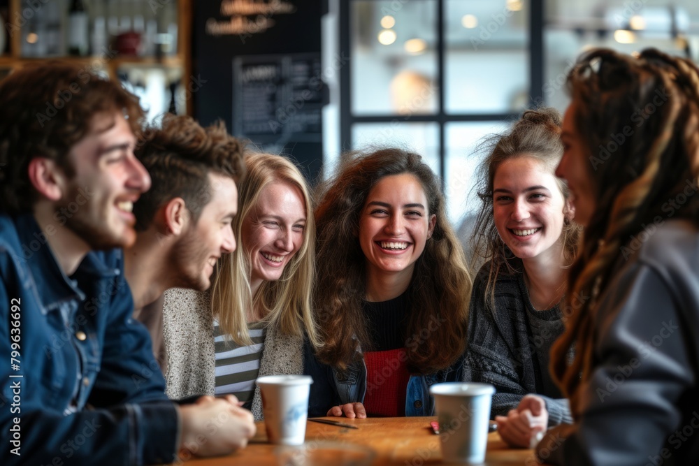 Group of happy young people having fun in a pub or restaurant.