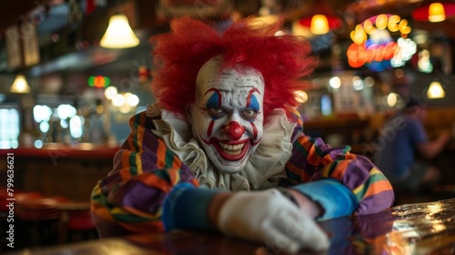 A pub employee dressed in a clown costume entertaining young customers with jokes and magic tricks.