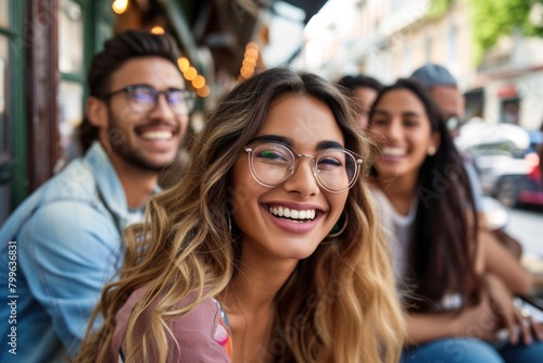 Portrait of a smiling young woman wearing eyeglasses and her friends sitting in the background