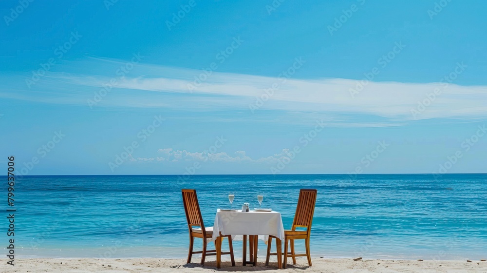 Chair and table on the beach and sea with blue sky, Summer days in beach, Valentine Beach setup Chair and table on the beach and sea with blue sky, Summer days in beach, Valentine Beach setup