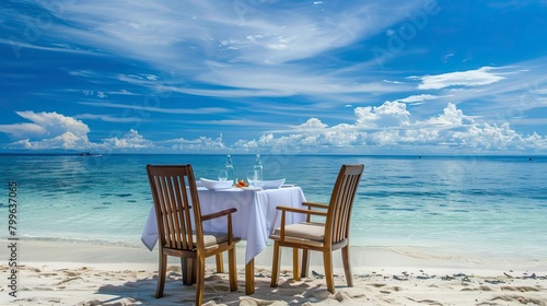 Chair and table on the beach and sea with blue sky, Summer days in beach, Valentine Beach setup © CREATIVE STOCK